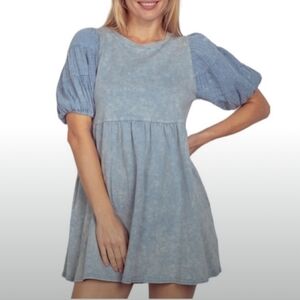 Babydoll Acid Washed Denim Gauze Puff Sleeve Dress -L 🩵💙